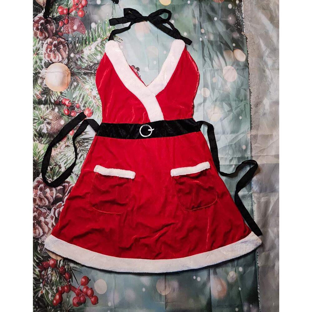 Women’s Sexy Mrs. Claus Christmas Apron Red Velvet White Trim Neck & Waist Tie